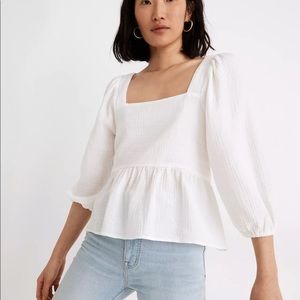 Madewell Lightspun Puff-Sleeve Peplum Top Size large lighthouse white